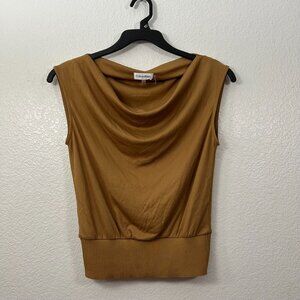 Calvin Klein Sleeveless Cowl Draped Neck Top Camel Brown Office